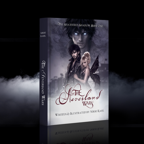 A hardcover book cover for 'The Shattered Shadow Book One: The Neverland Wars' by Nikki Kahl, shown as a 3D product mockup with a dark gothic illustration of two characters and dramatic smoky lighting against a black background.