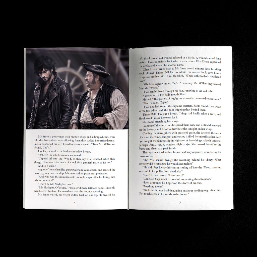 An open book spread showing a half-page illustration of Captain Hook and Mr. Smee on the quarterdeck of a pirate ship above a half-page of body text, and a full page of body text on the right.