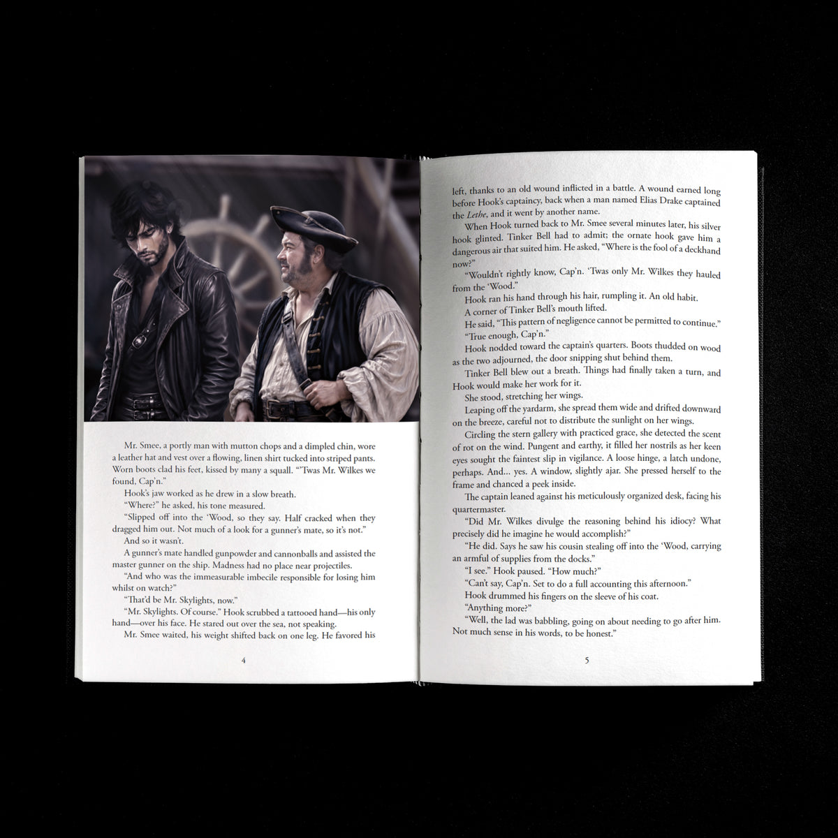 An open book spread showing a half-page illustration of Captain Hook and Mr. Smee on the quarterdeck of a pirate ship above a half-page of body text, and a full page of body text on the right.