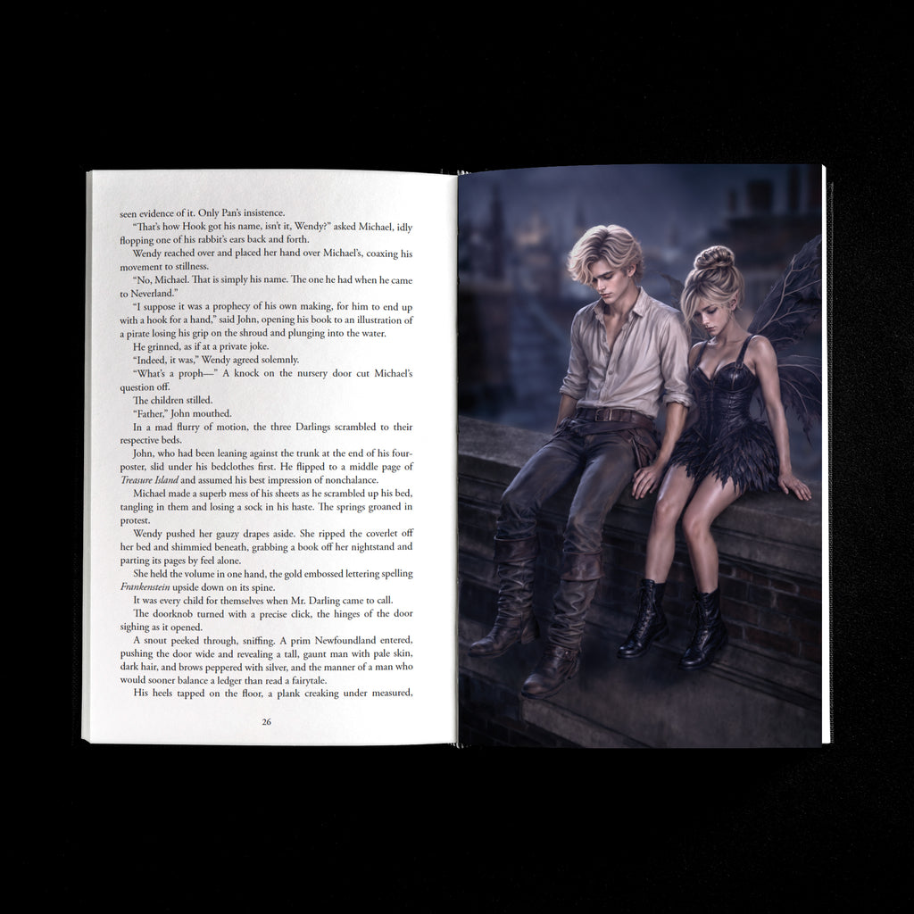 An open-book spread of body text on the left page and a full-page illustration of Pan and Tinker Bell sitting on a London rooftop looking down on the right.